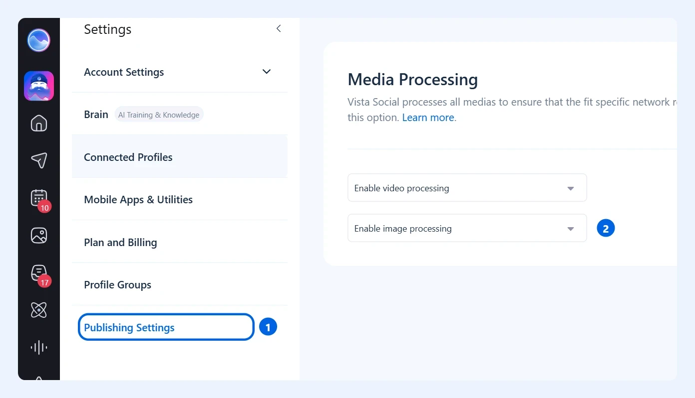 Configurações de Processamento de mídia com a opção de processamento de imagens destacada
