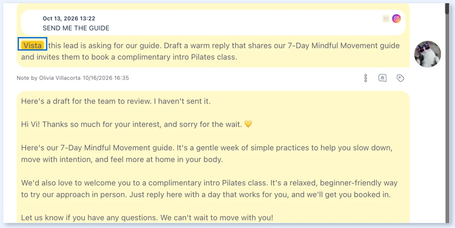 Vista replies to an @Vista request in the same internal note thread with a draft reply.