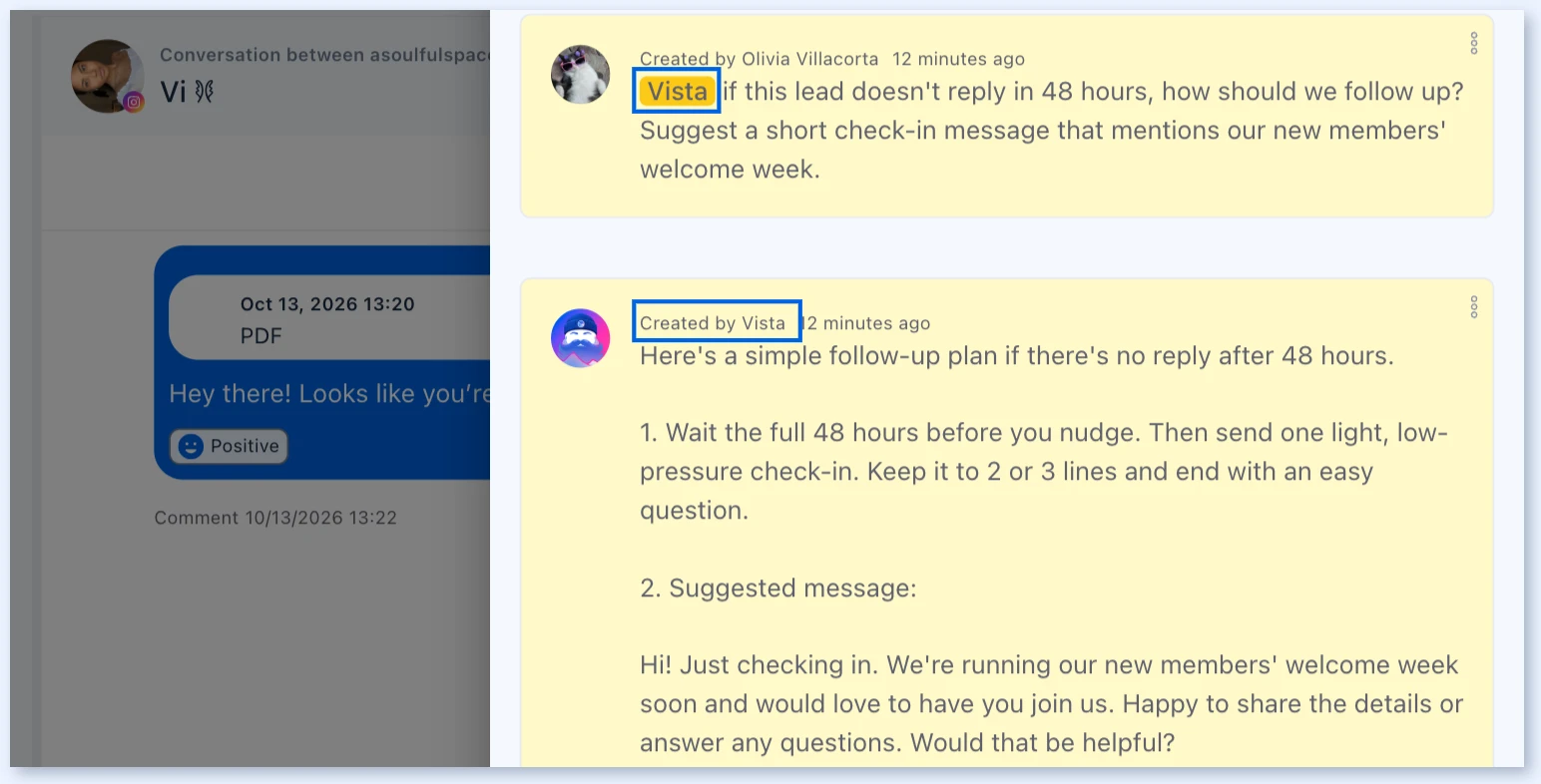 Vista respondiendo en una conversación del equipo