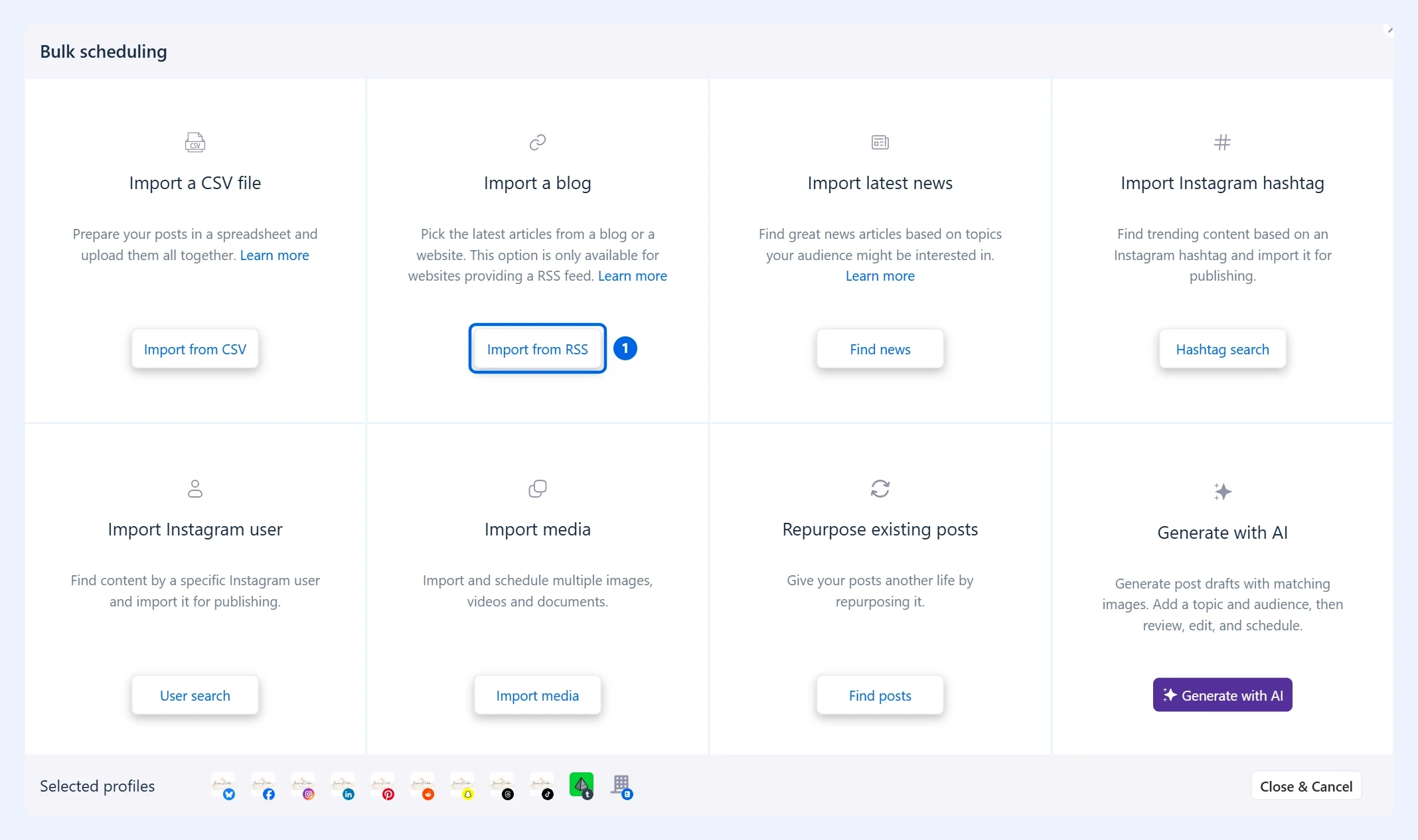 Bulk scheduling window with Import from RSS highlighted