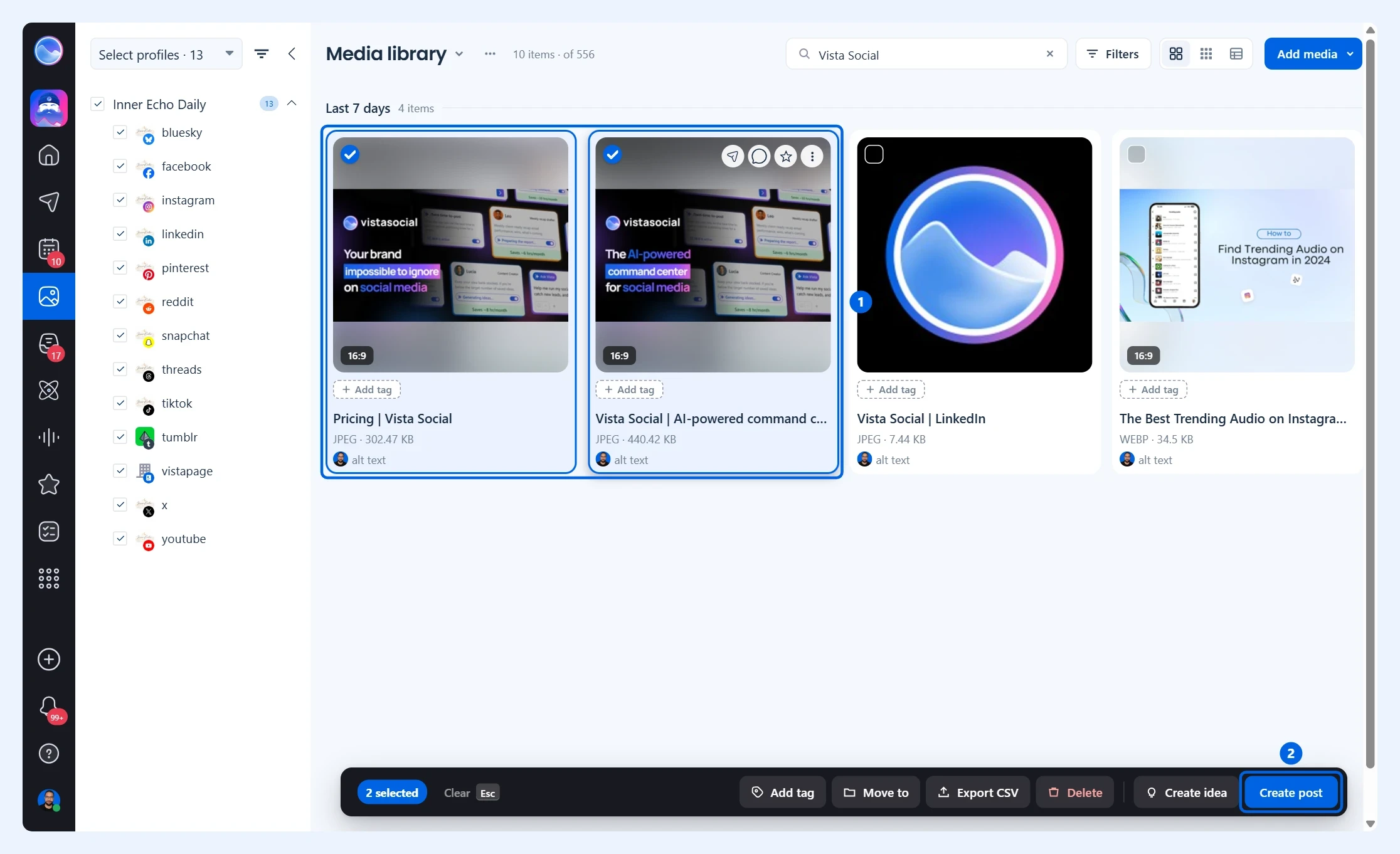 Biblioteca de medios con dos imágenes seleccionadas y Create post resaltado