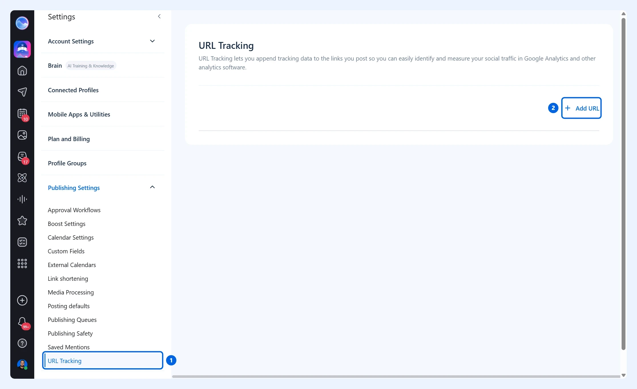 Страница URL Tracking с кнопкой Add URL