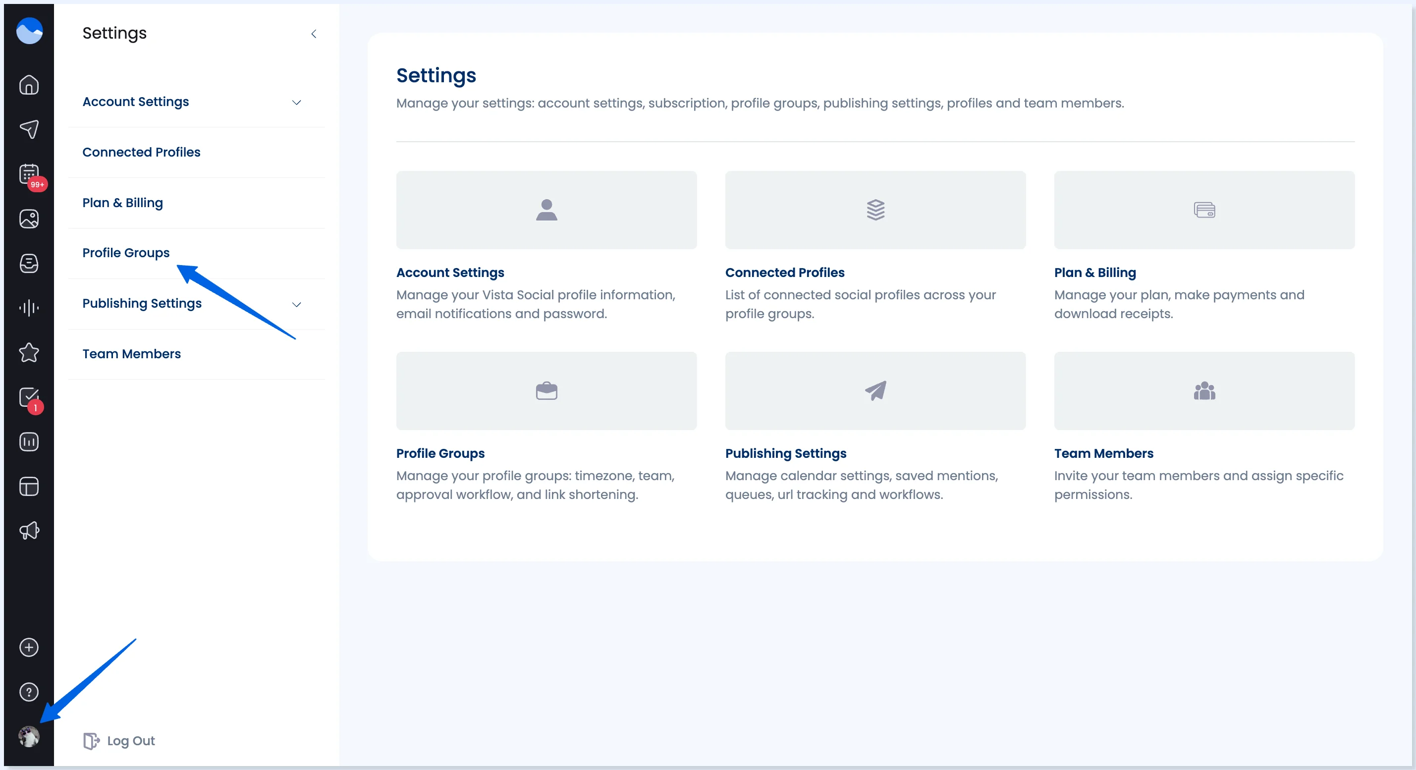 Menu Settings com Profile Groups em destaque