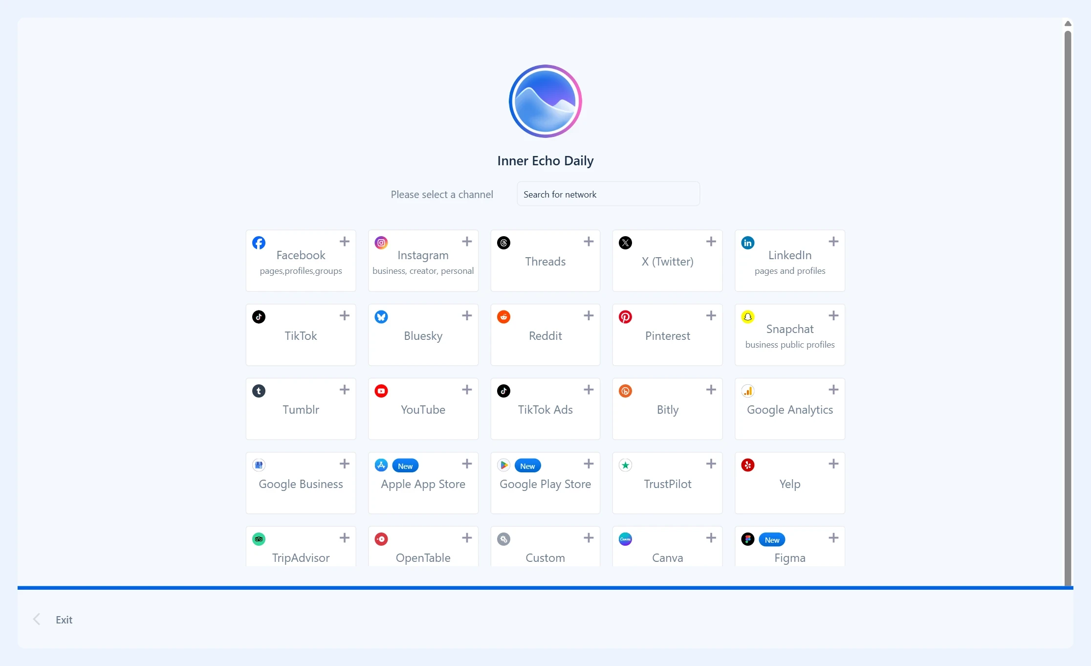 Lista de redes sociais disponíveis na página de conexão de perfis