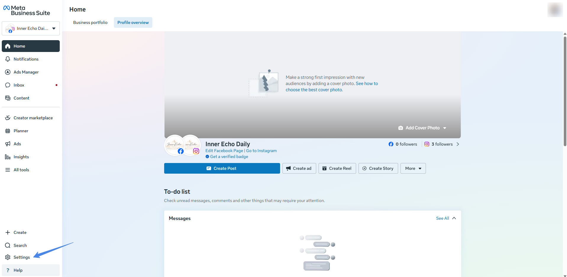 Meta Business Suite com Settings em destaque