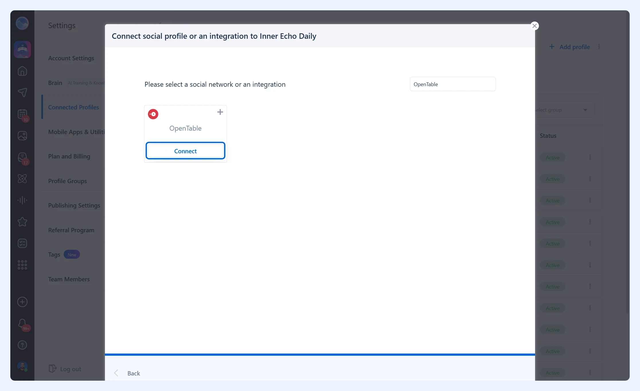 Плитка OpenTable с выделенной кнопкой Connect