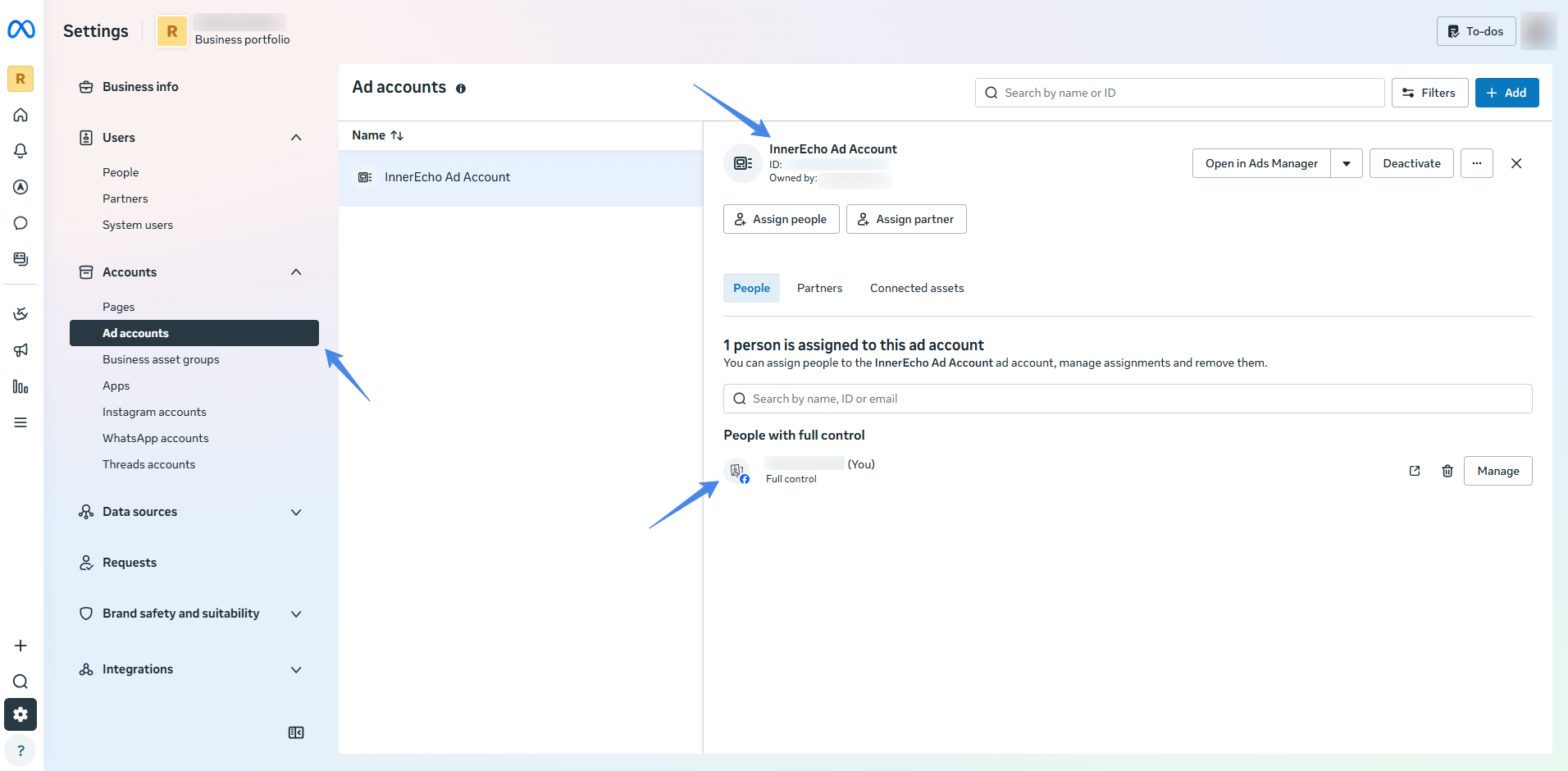 Conta de anúncios nas configurações do Meta Business com as pessoas com controle total