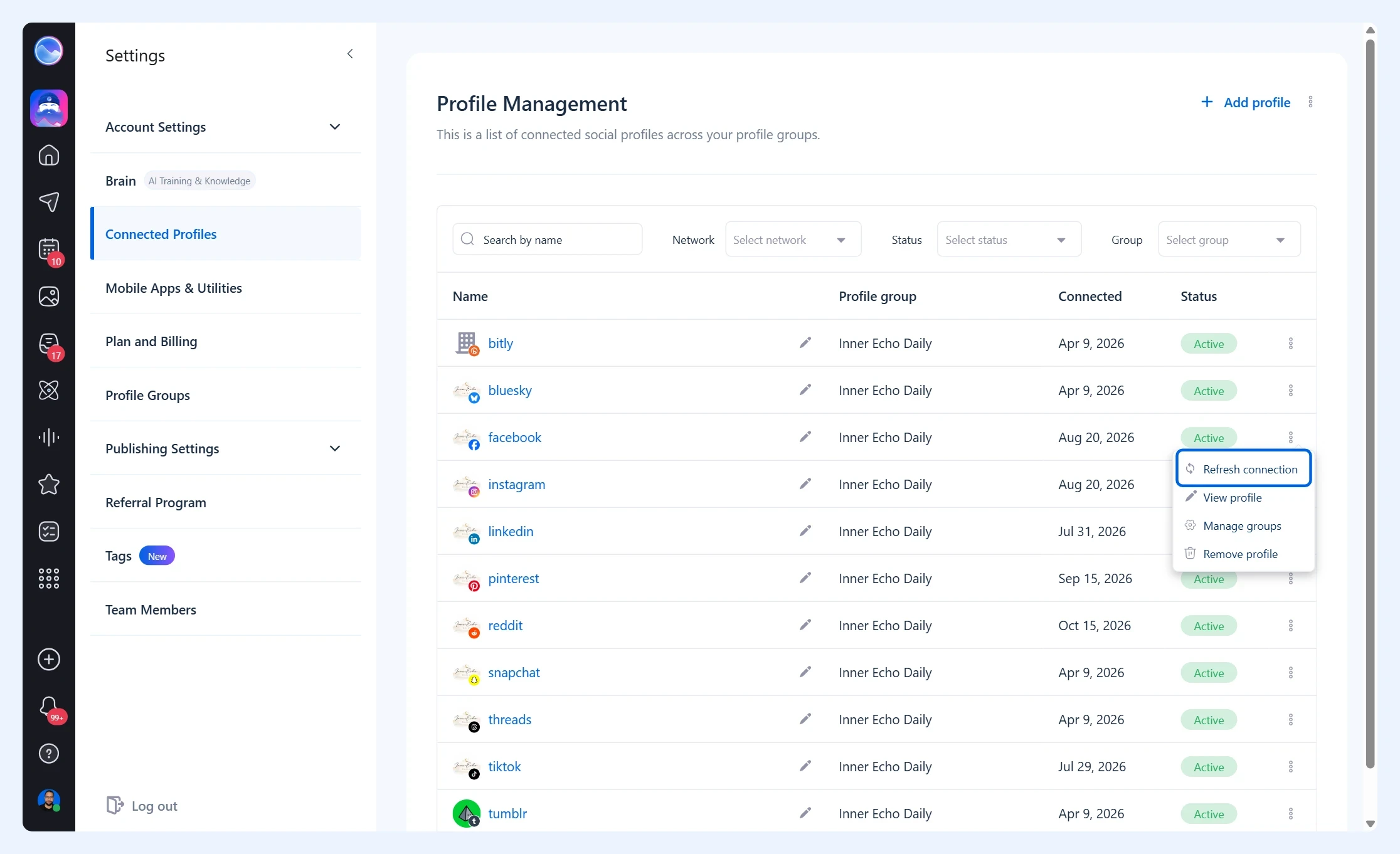 Список Connected Profiles с выделенным пунктом Refresh connection