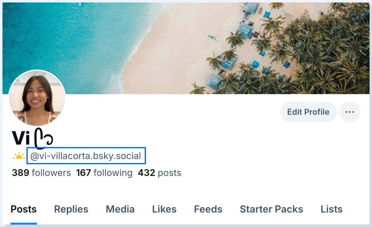 Perfil do Bluesky com o identificador em destaque