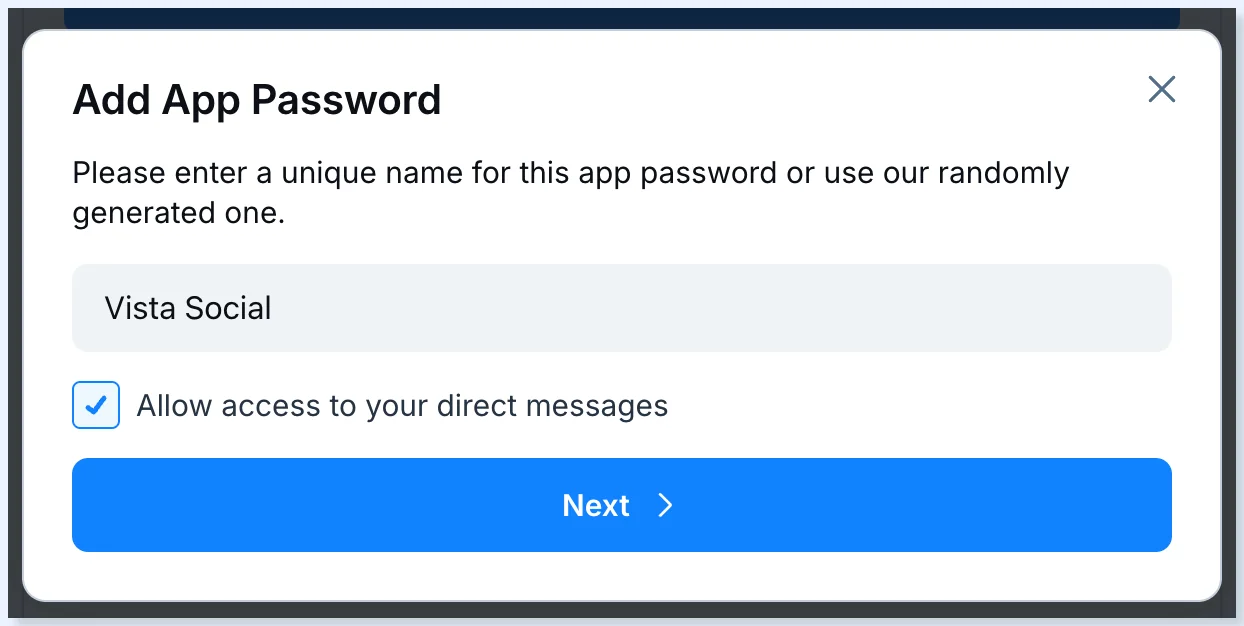 Janela Add App Password com o campo de nome e a opção de mensagens diretas