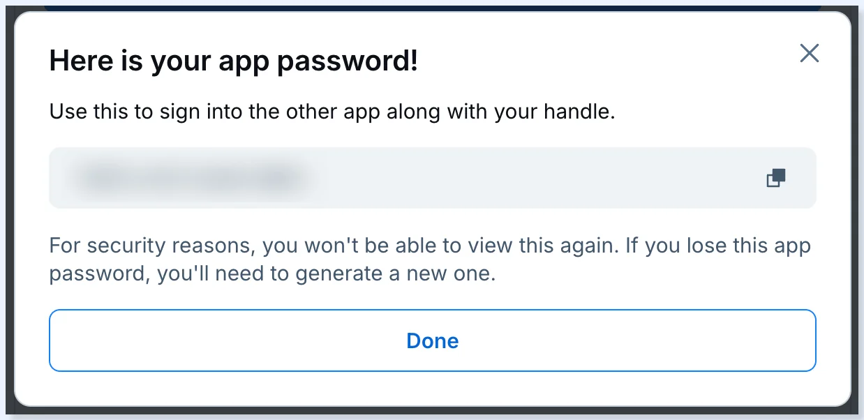 Senha de app do Bluesky pronta para copiar