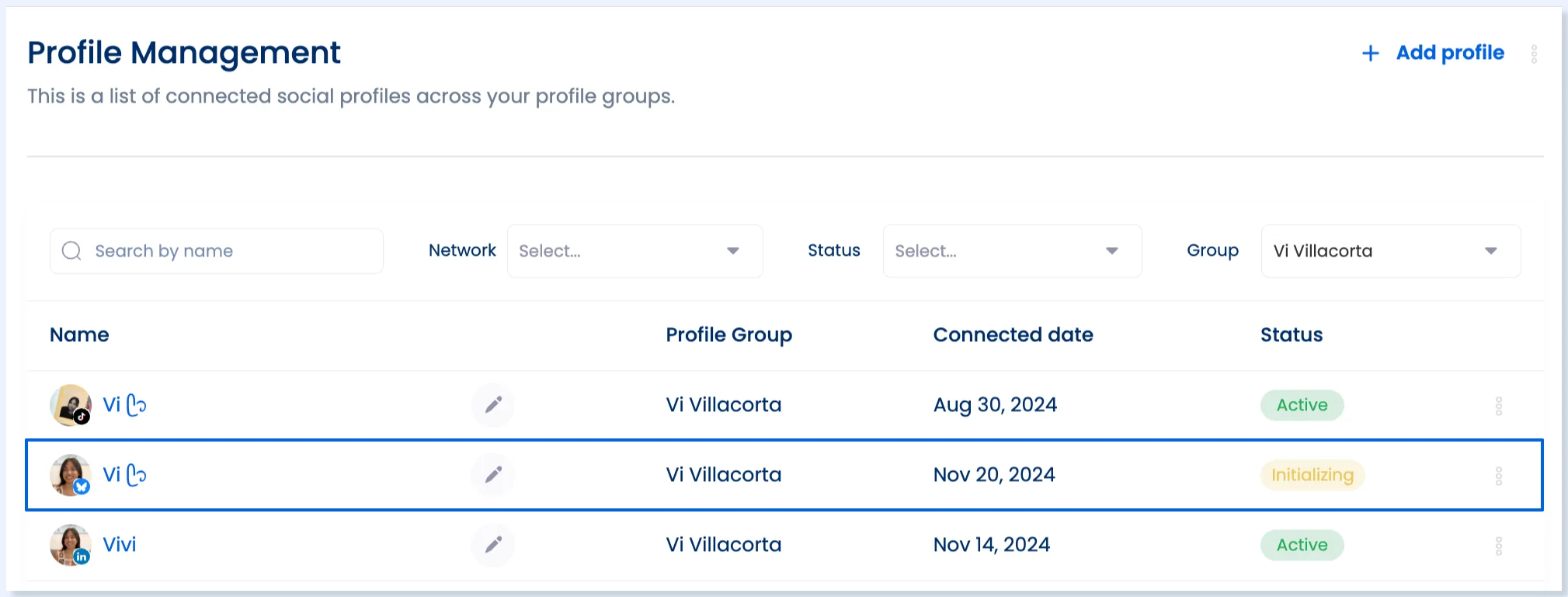 Profile Management com o perfil do Bluesky conectado