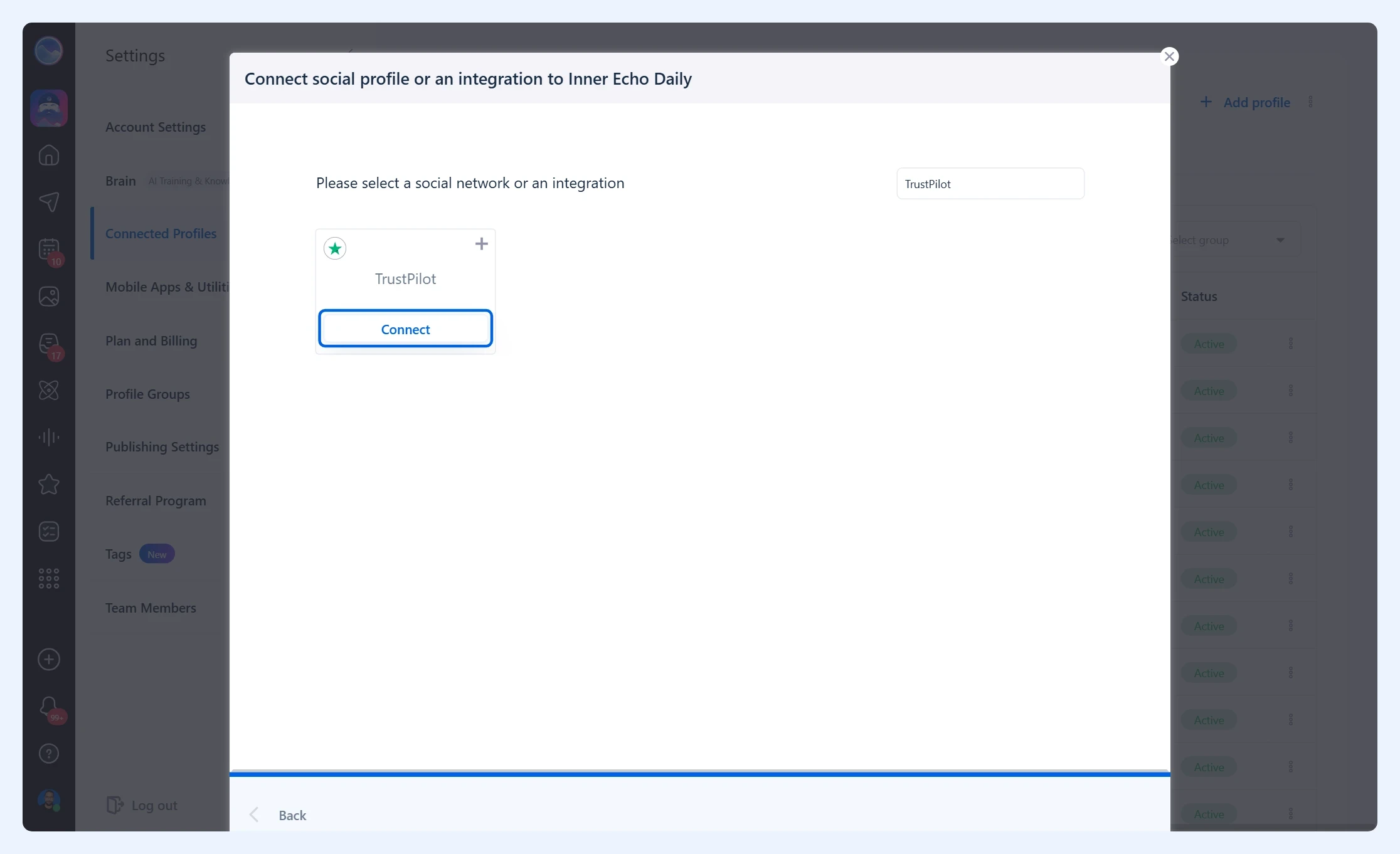 Плитка TrustPilot с выделенной кнопкой Connect