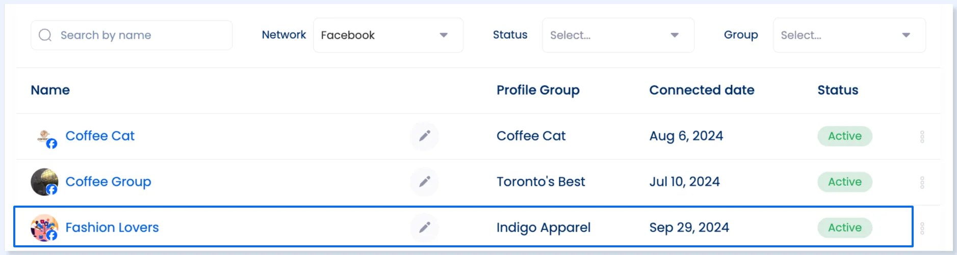 Profile Management com o grupo do Facebook conectado