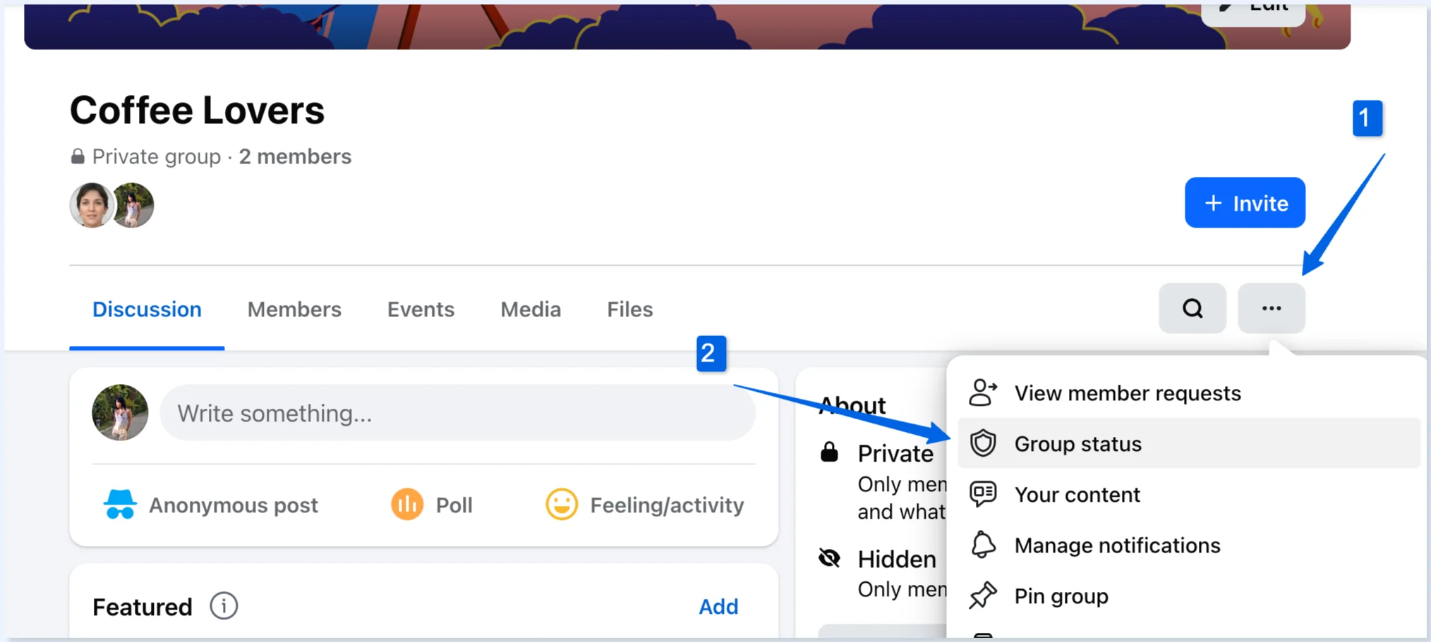 Menu do grupo do Facebook com Group status em destaque