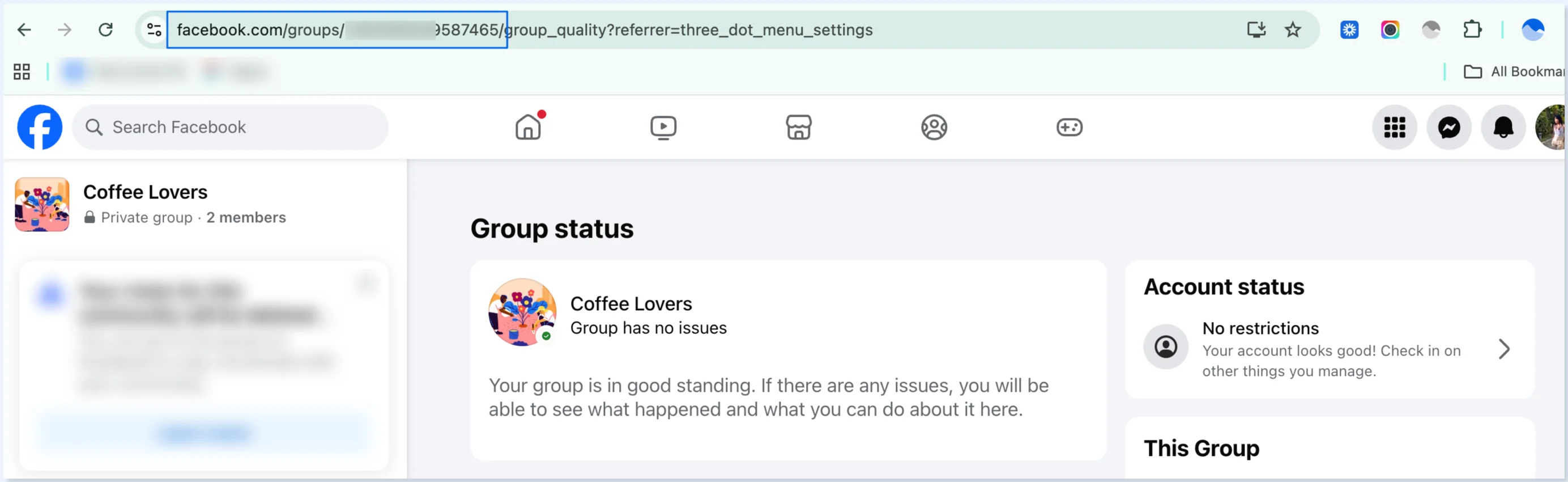 Página de status do grupo com o ID do grupo na barra de endereços