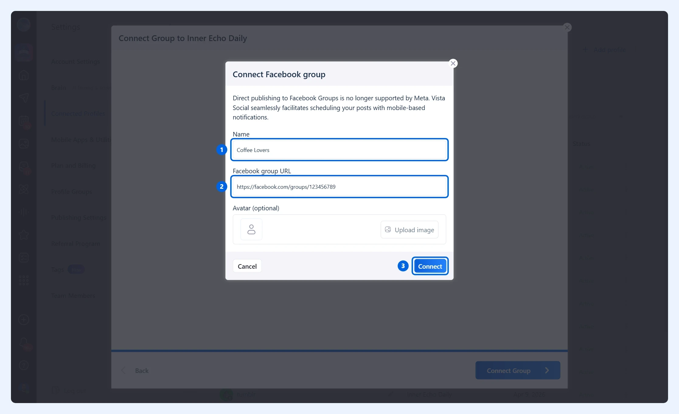 Janela Connect Facebook group com o nome e o URL do grupo preenchidos