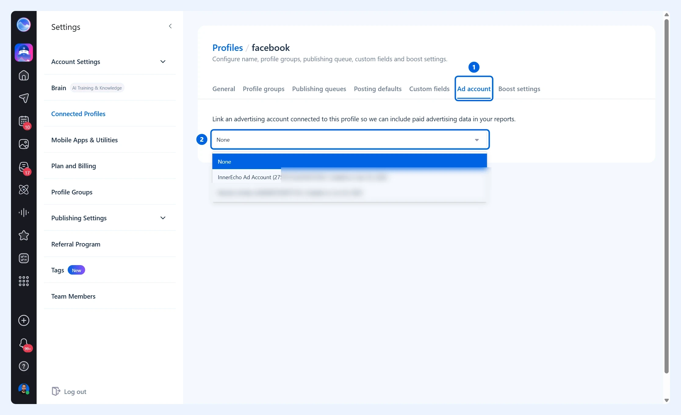 Страница профиля с выделенными вкладкой Ad account и списком рекламных аккаунтов