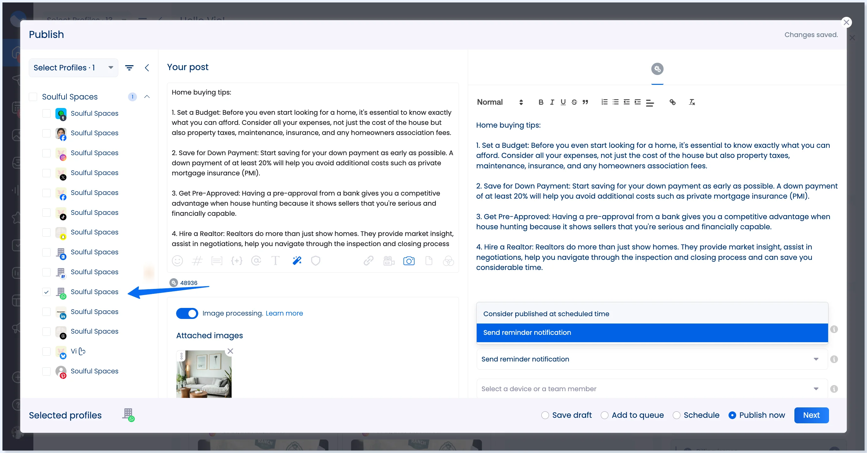 Janela de publicação com um perfil personalizado selecionado e as opções de agendamento