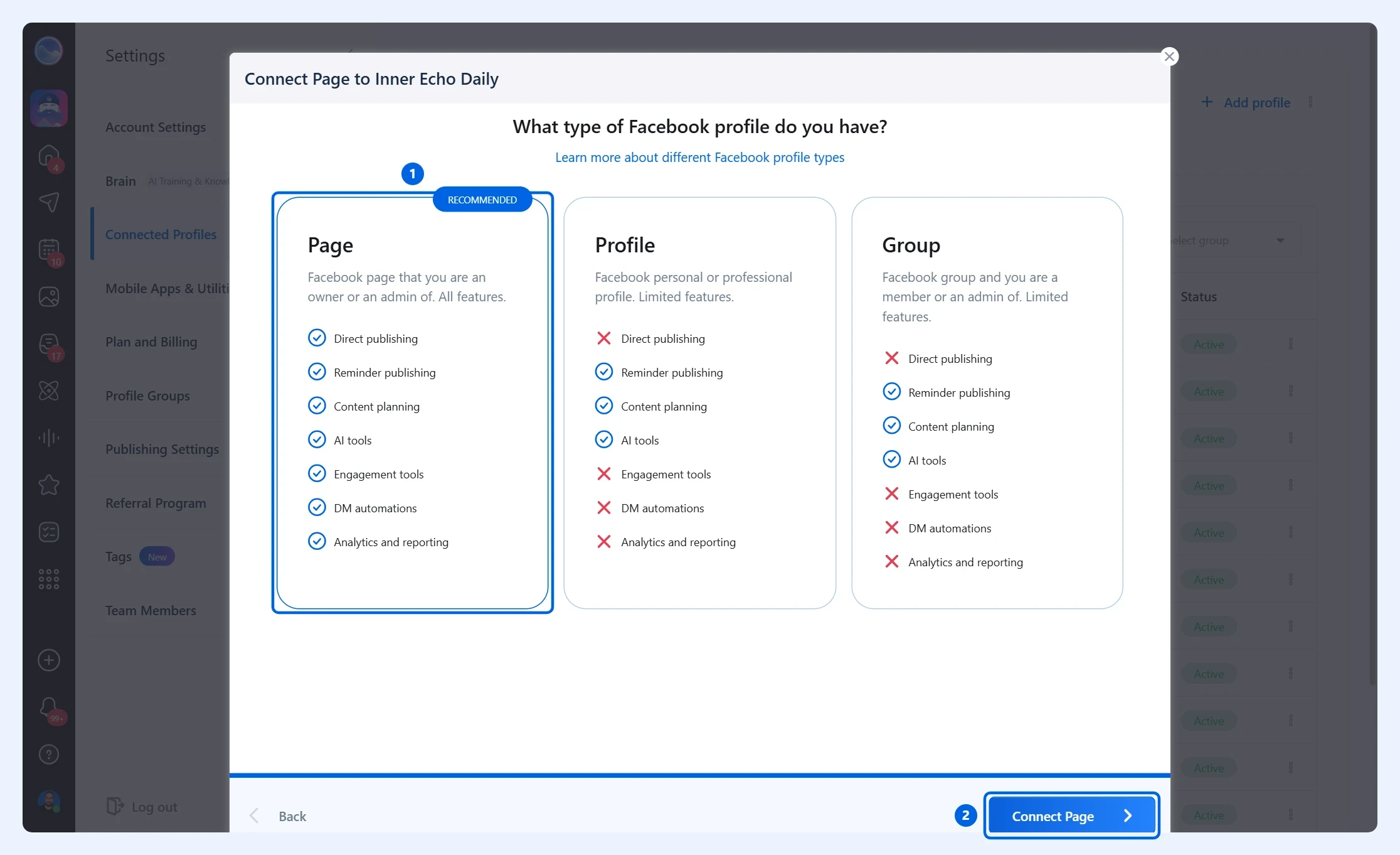 Facebook profile type window with Page and Connect Page highlighted