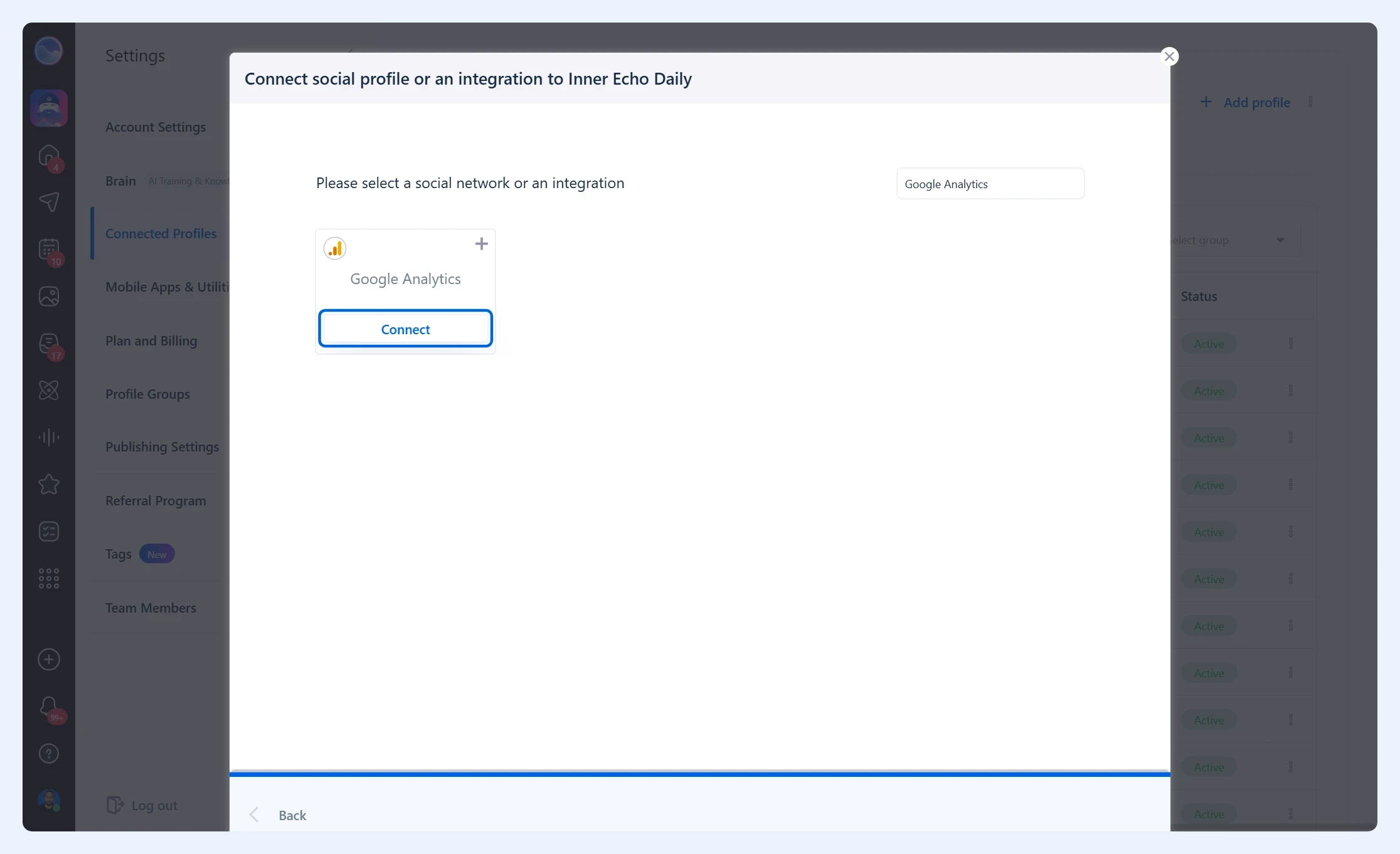Opción de Google Analytics con el botón Connect resaltado
