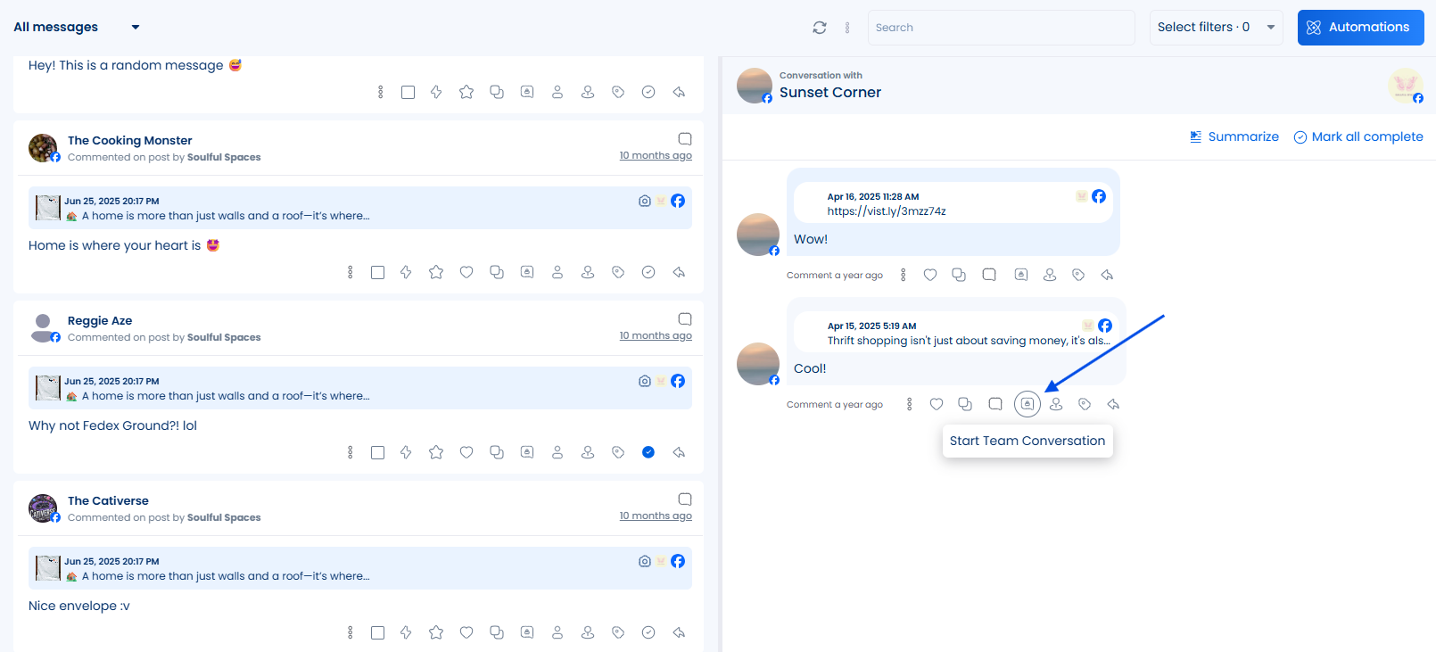 Mensagem com o ícone Start Team Conversation em destaque