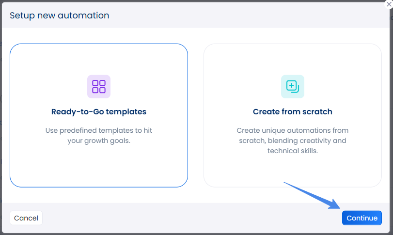 Janela de configuração de nova automação com Create from scratch selecionado