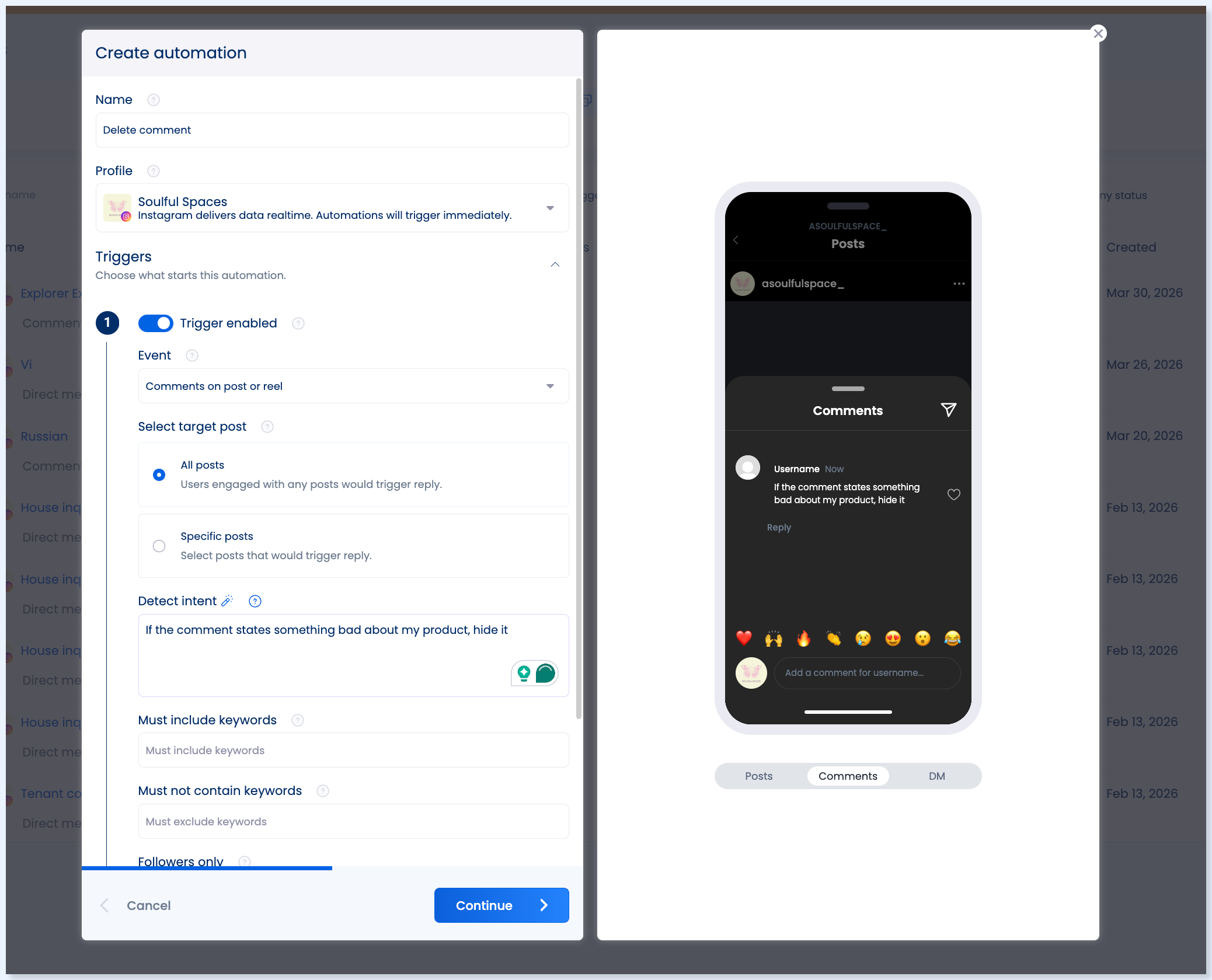 Janela Create automation com as configurações do gatilho