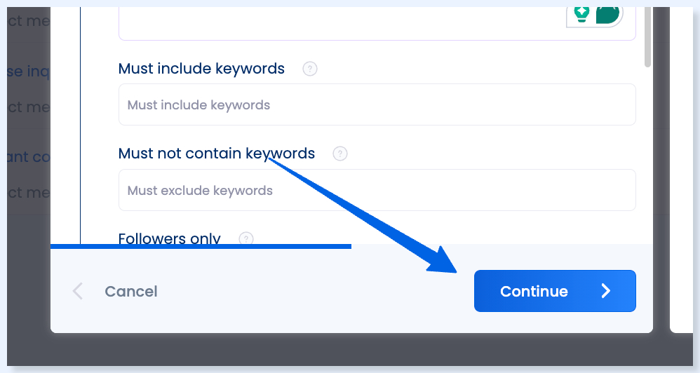 Botão Continue nas configurações do gatilho