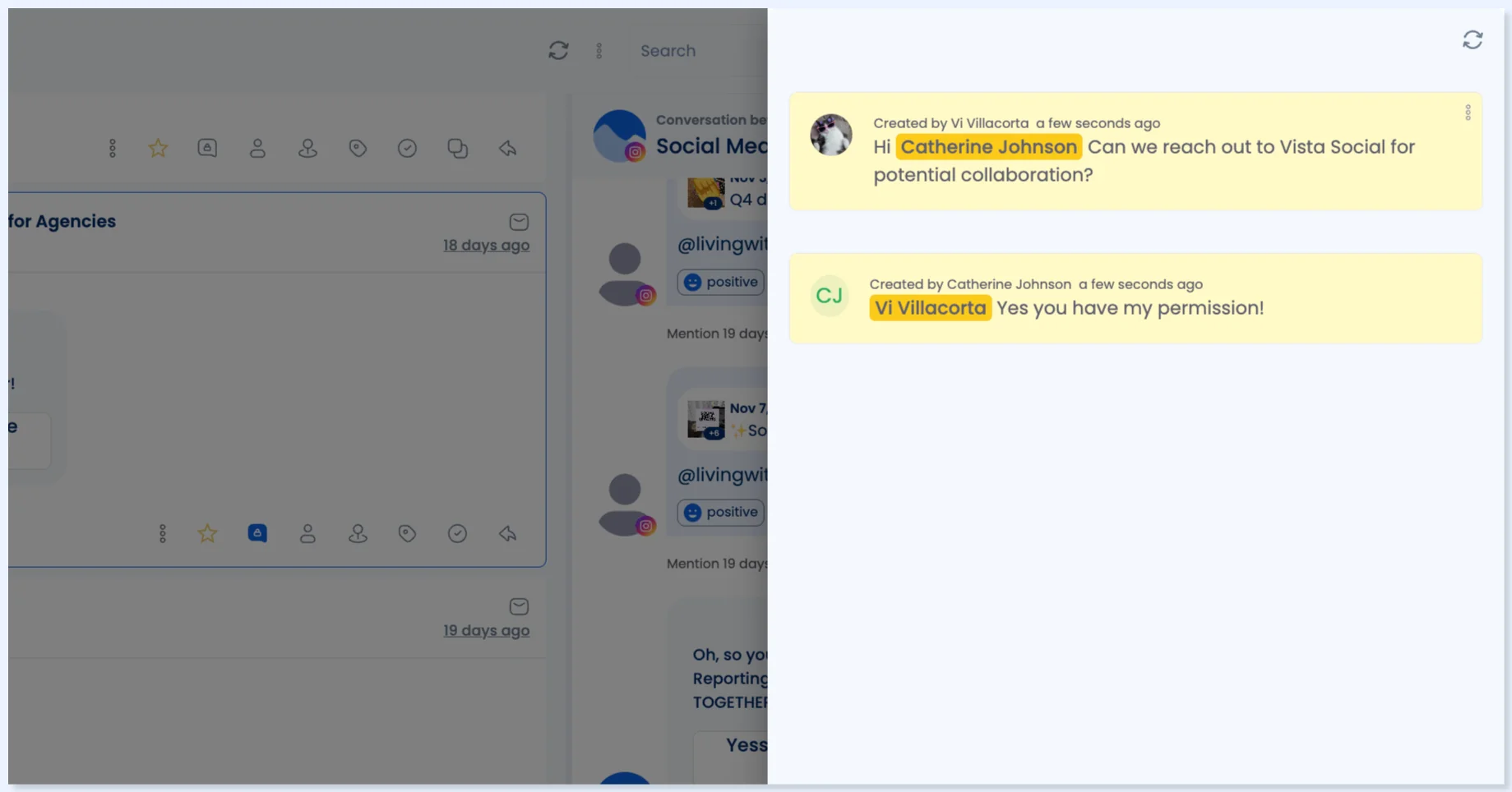 Conversa da equipe com notas internas