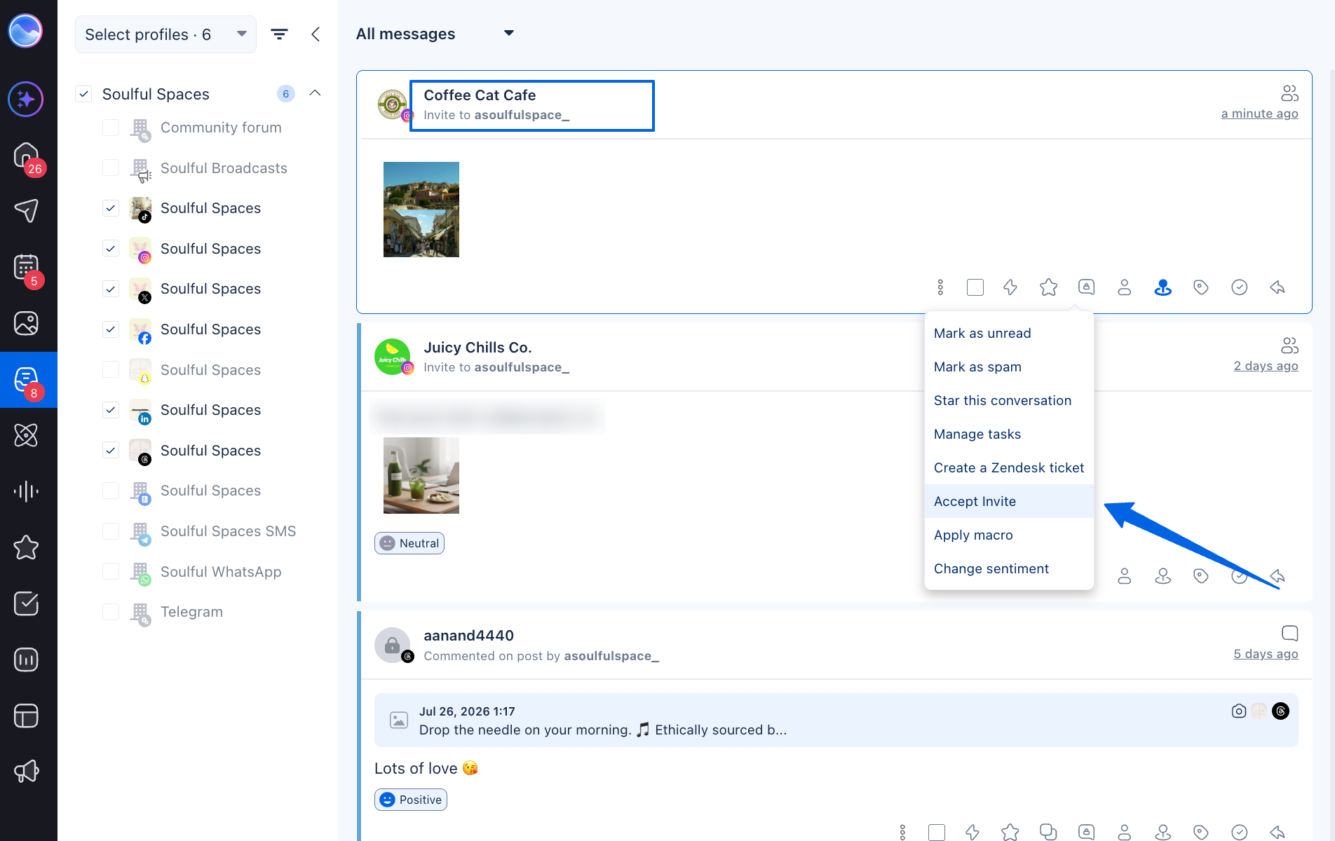 Меню сообщения во входящих с выделенным пунктом Accept invite