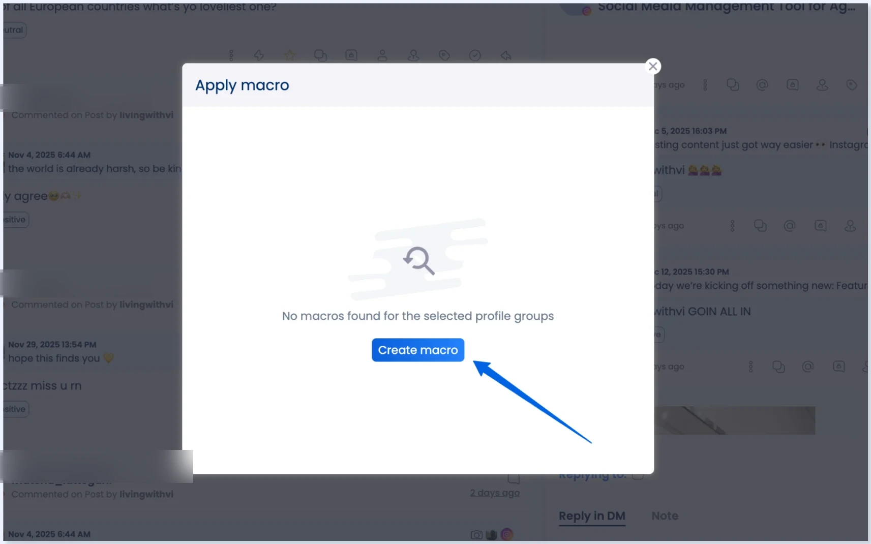 Janela Apply macro com Create macro em destaque