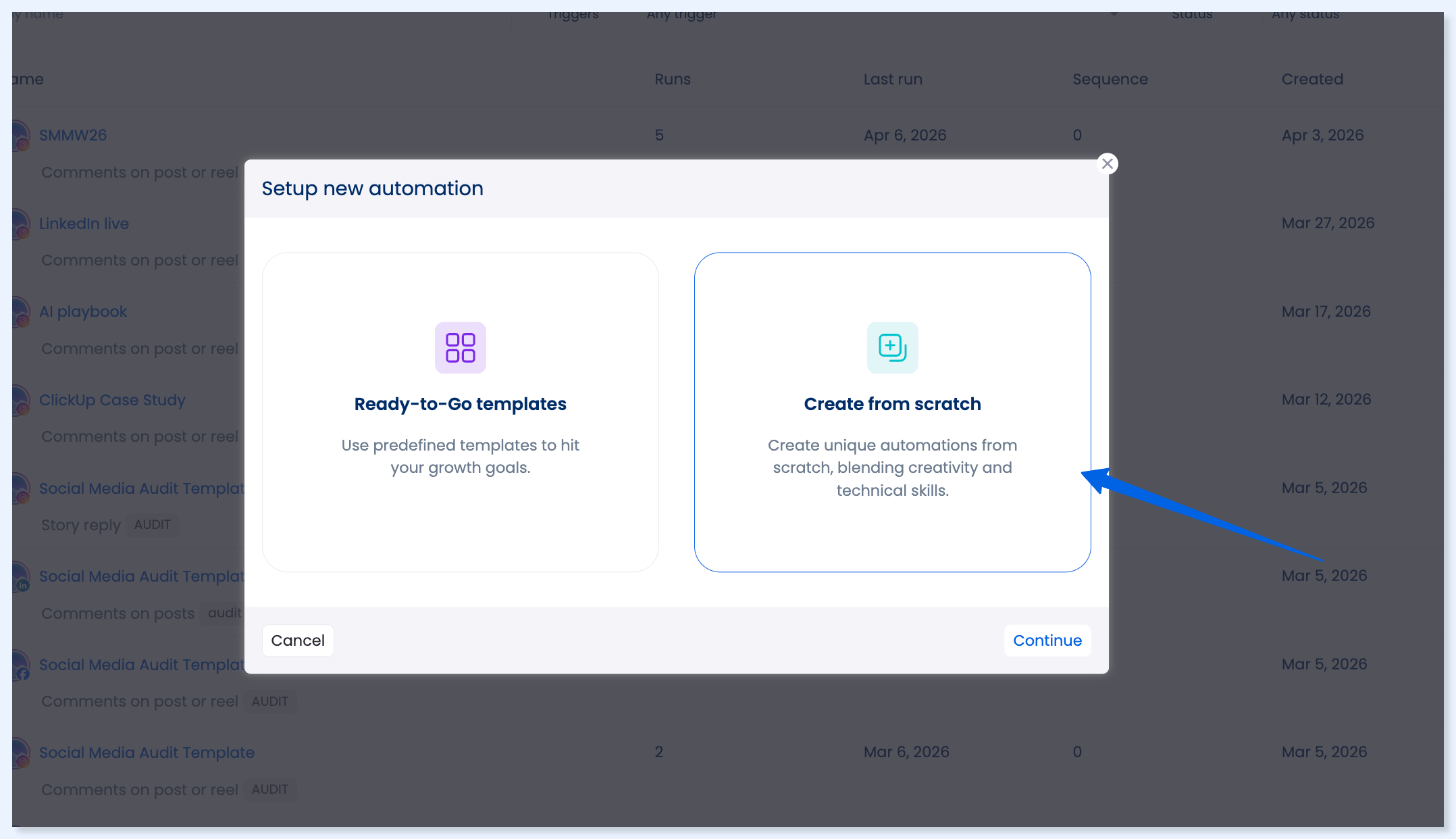 Janela de configuração de nova automação com Create from scratch selecionado