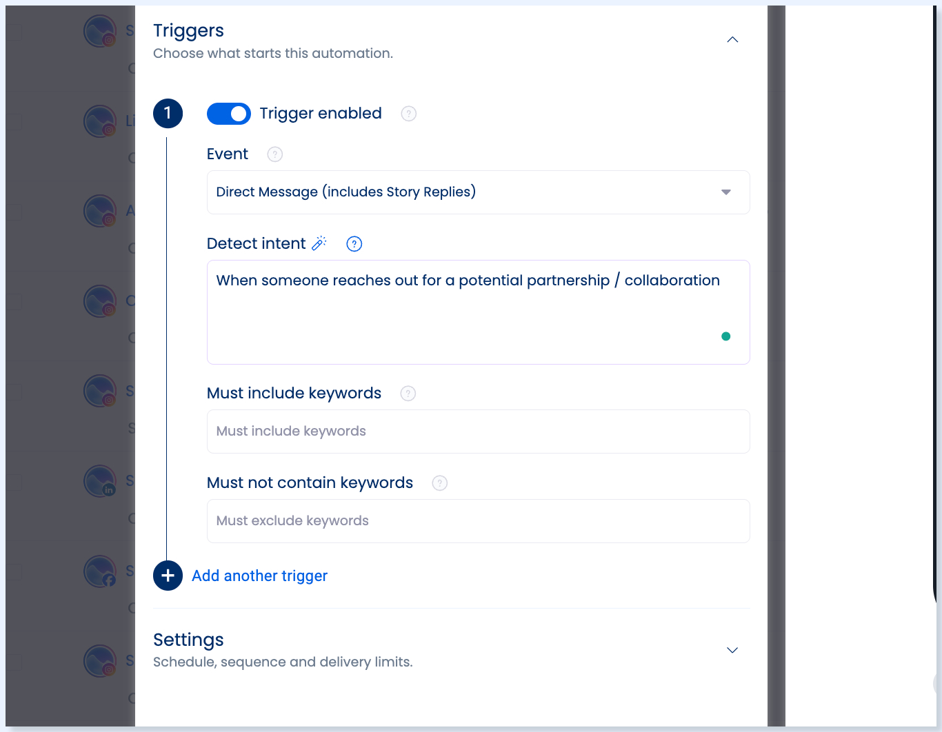 Configurações do gatilho com Event e Detect intent
