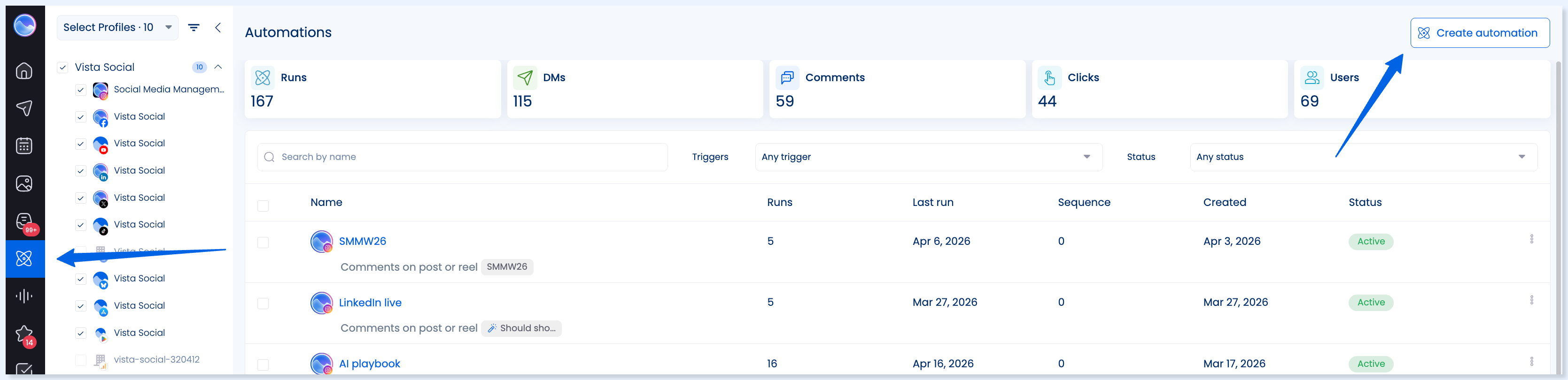 Botão Create automation na página Automations