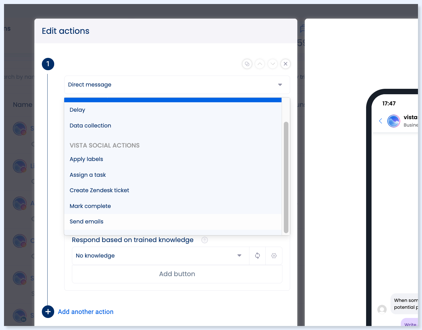 Send emails no menu de ações