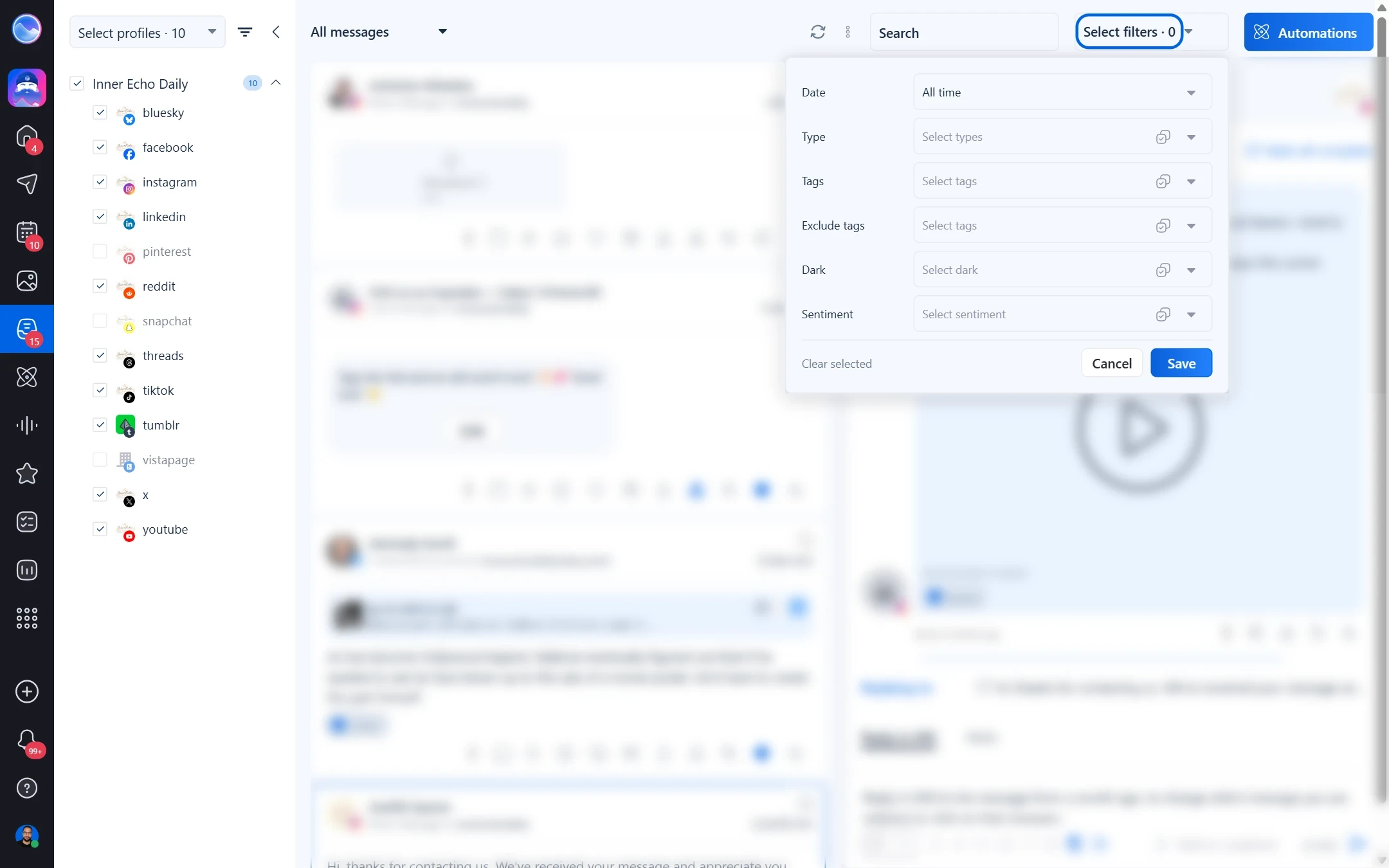 Select filters panel in the Inbox