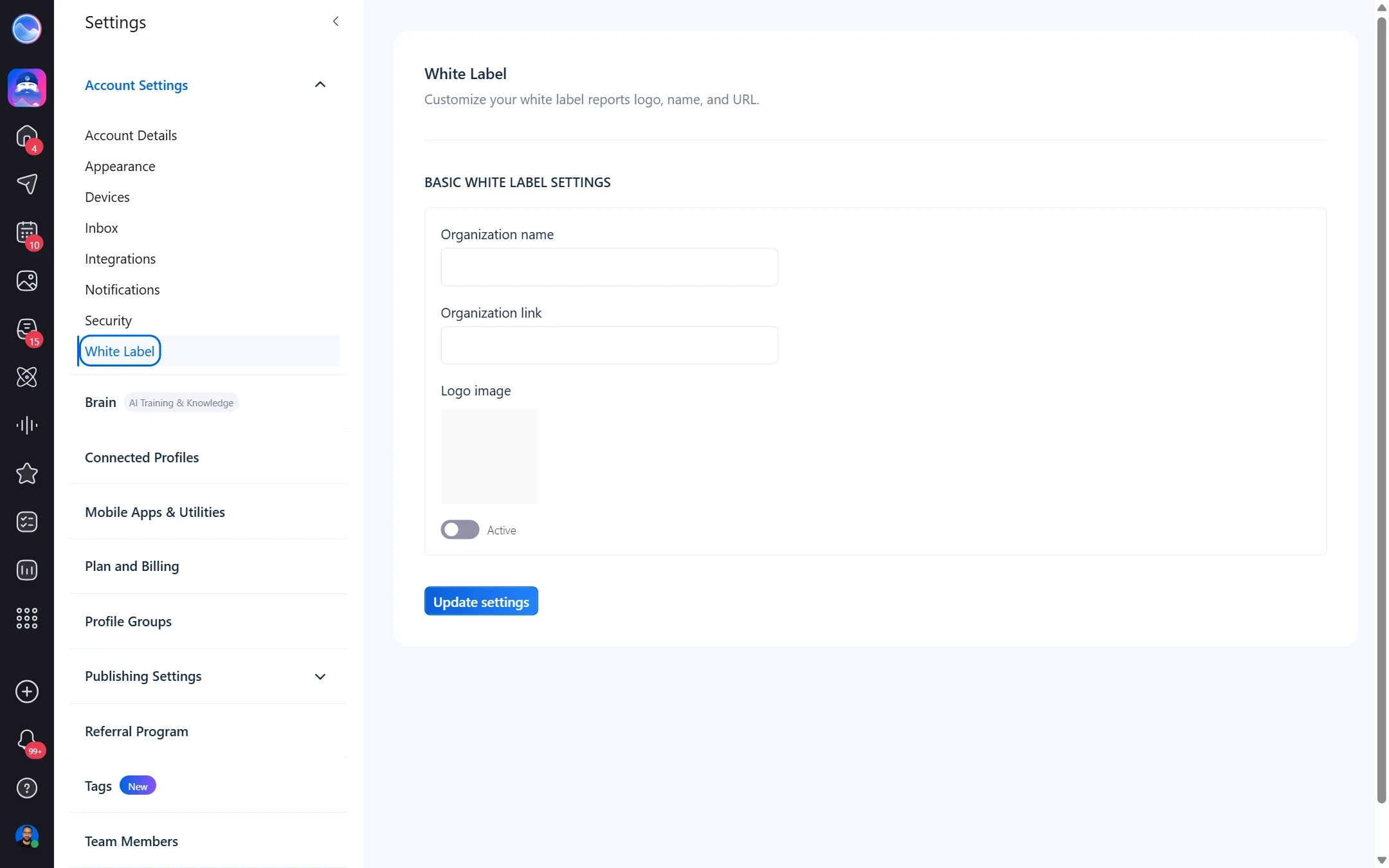 Пункт White Label в Account Settings