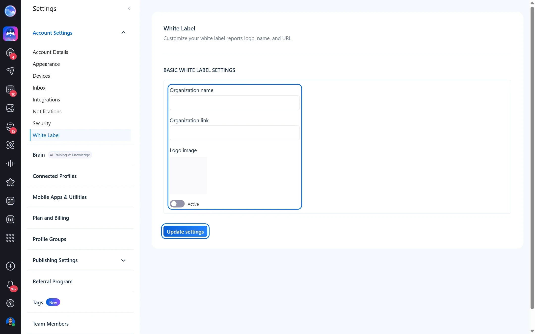 Настройки White Label с кнопкой Update settings