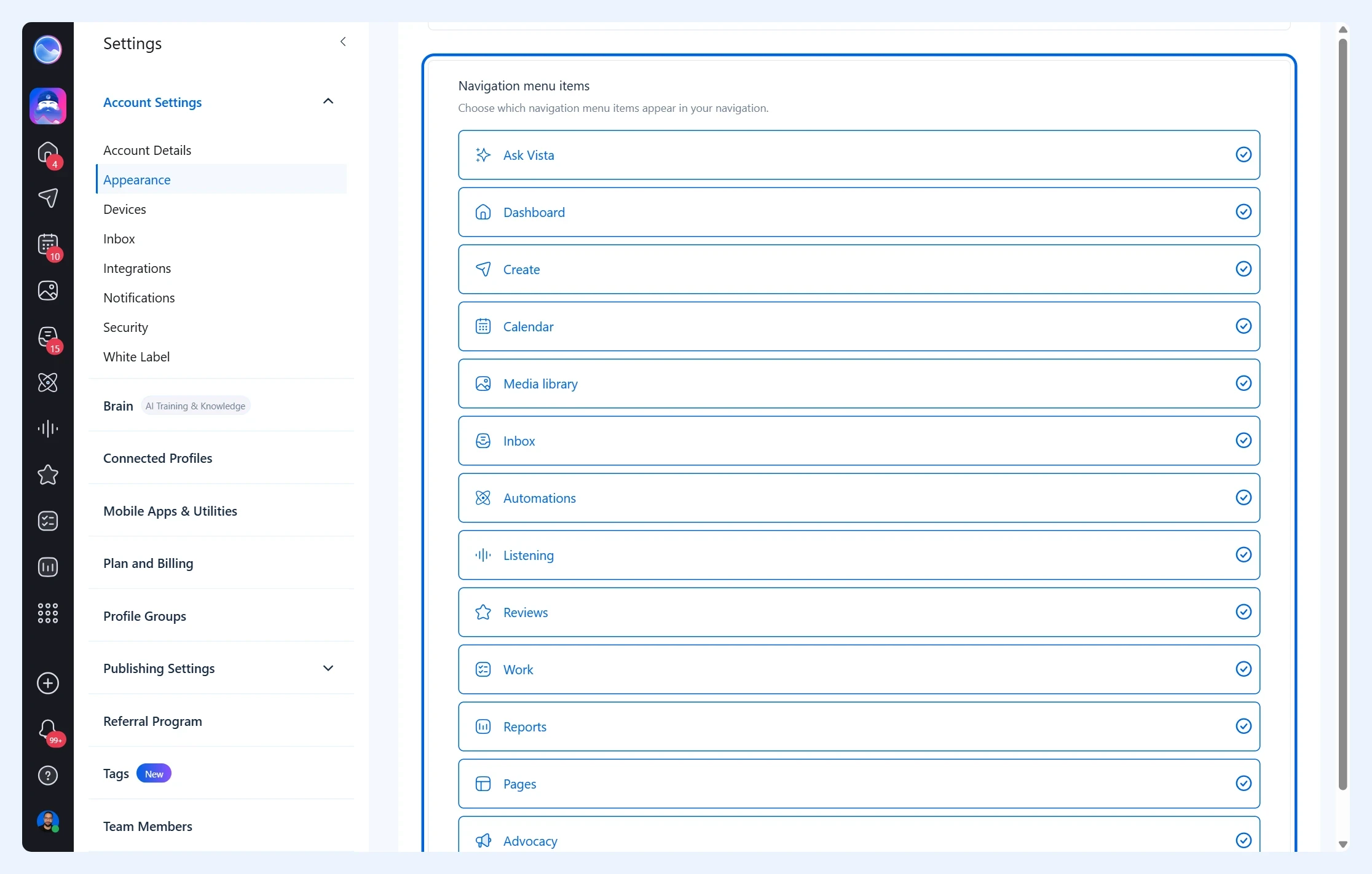 Navigation menu items in Appearance settings