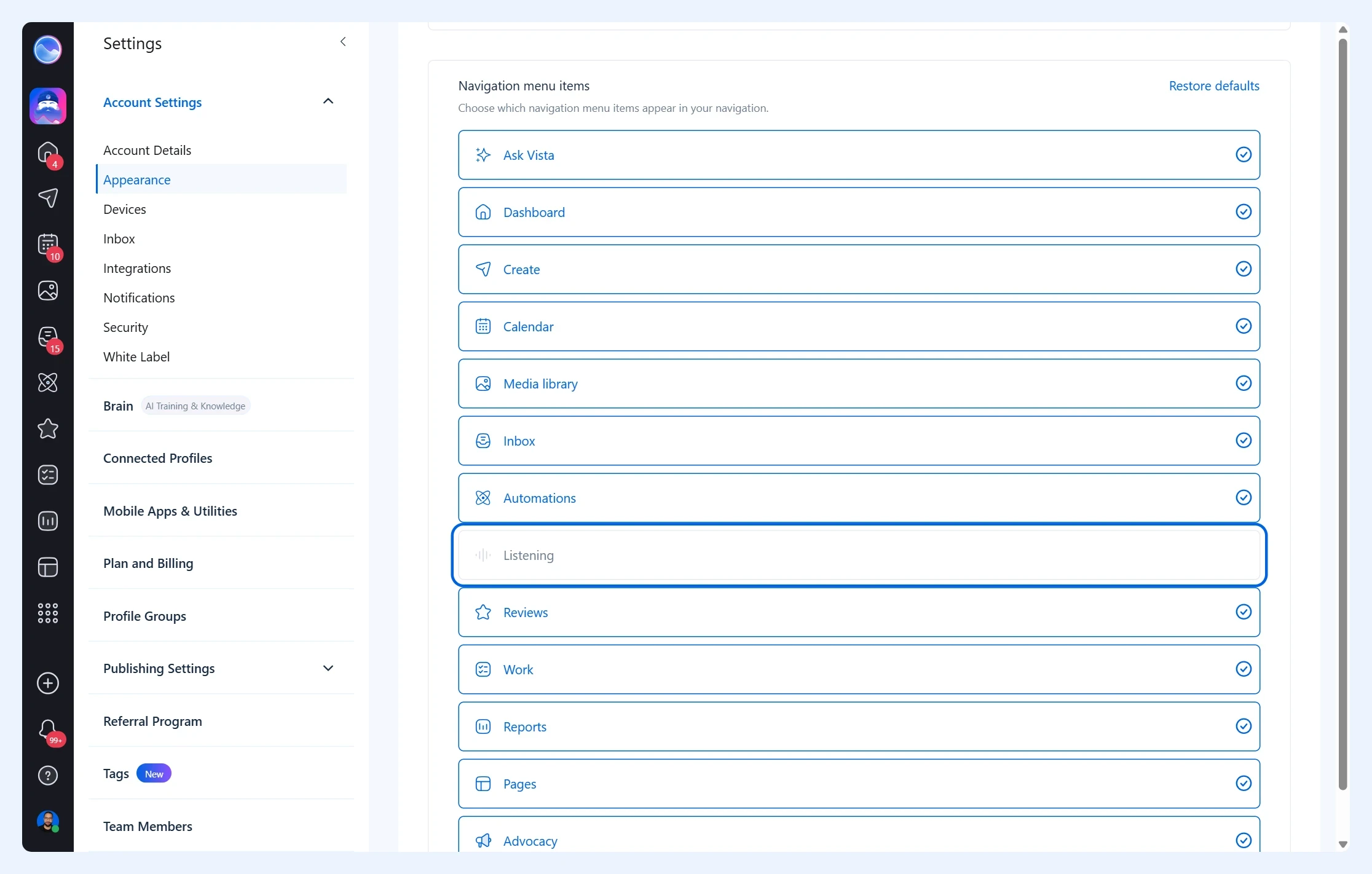 Hidden item in Navigation menu items