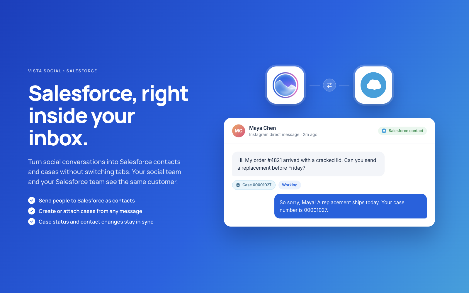 Salesforce in your Vista Social inbox: a social message linked to a Salesforce contact and case.