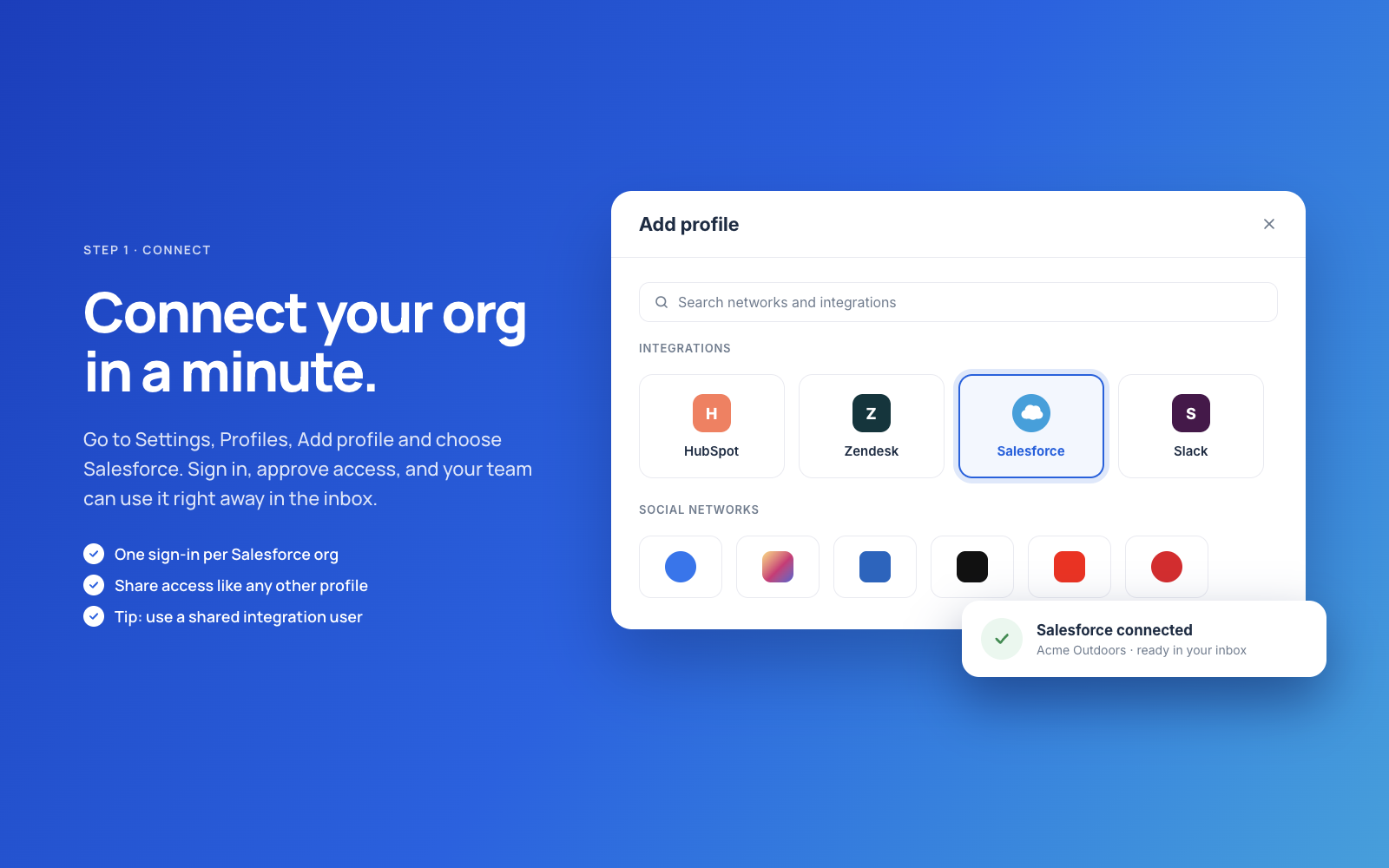 Connect Salesforce from Settings > Profiles > Add profile.