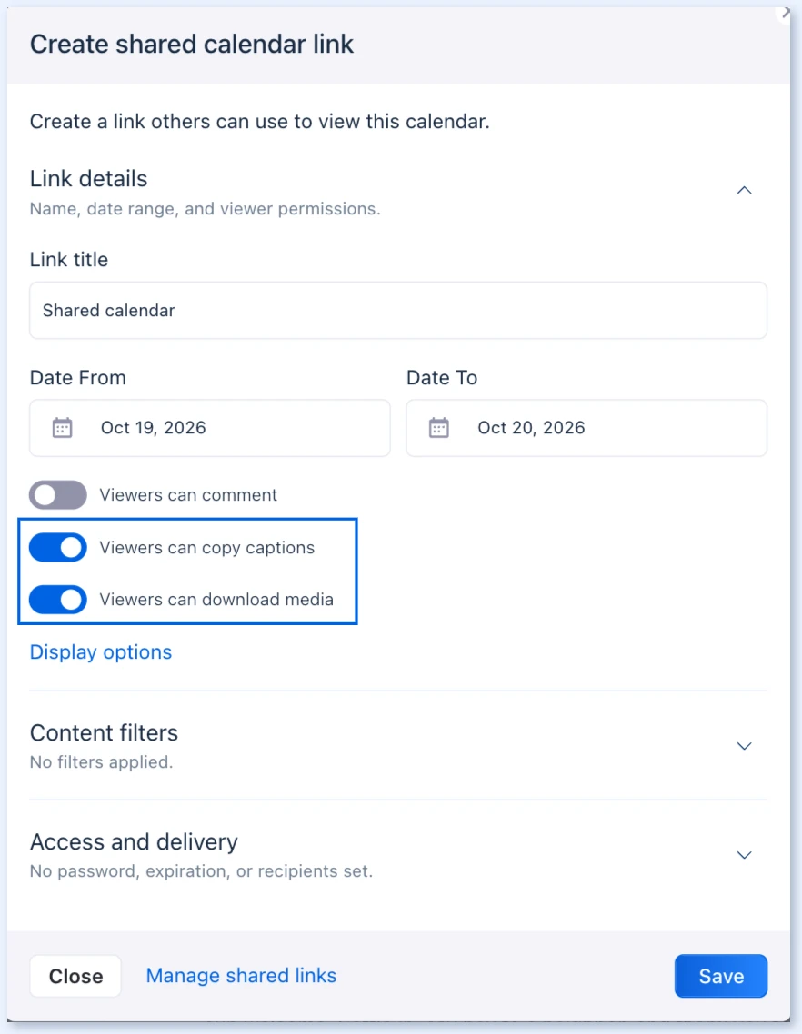 Ventana Create shared calendar link con Viewers can copy captions y Viewers can download media en Link details