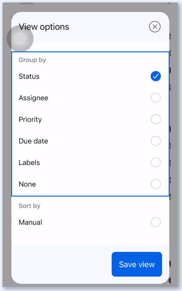 View options in the Vista Social app with Group by options and Save view