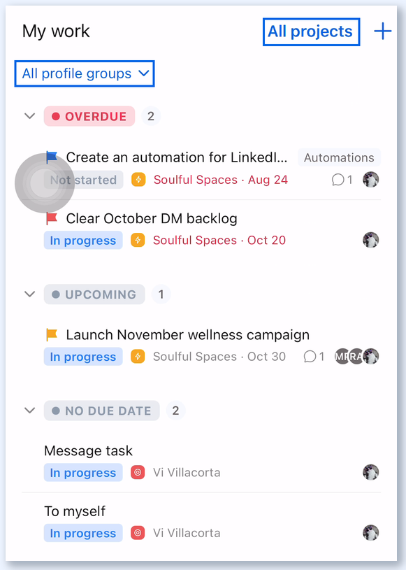 My work in the Vista Social app with All profile groups and All projects highlighted