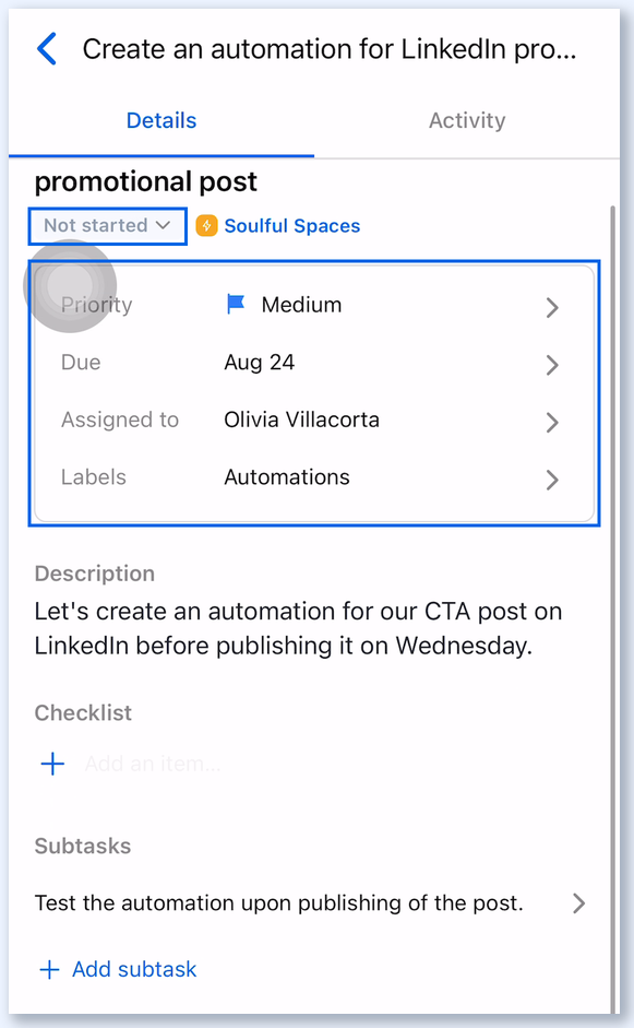 Task details in the Vista Social app with status, priority, due date, assignee and labels