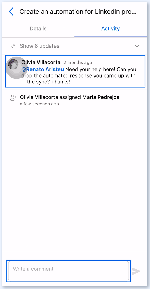 Task Activity tab in the Vista Social app with a comment and the Write a comment box