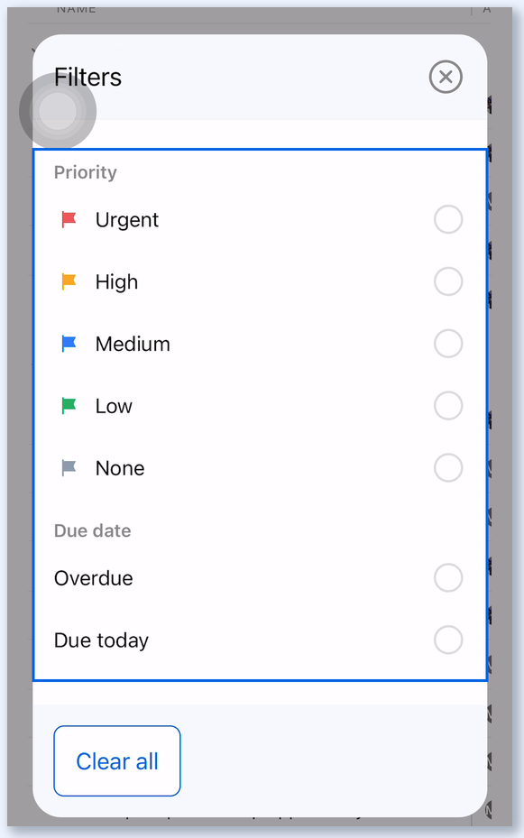 Filters in the Vista Social app with priority and due date options