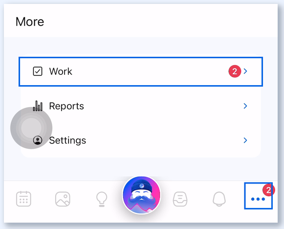 More menu in the Vista Social app with Work highlighted